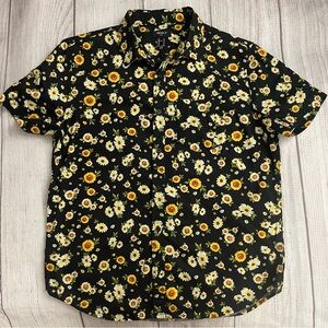 FOREVER 21 Men’s Black Floral Sunflower Button Down Shirt Summer Spring Size Med